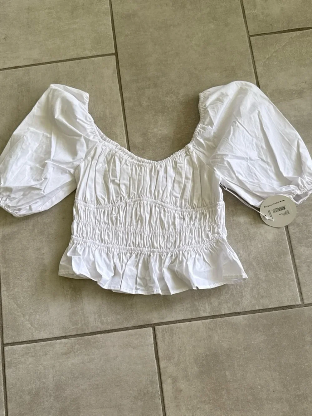STAUD White Smocked Peplum Puff-Sleeve Top